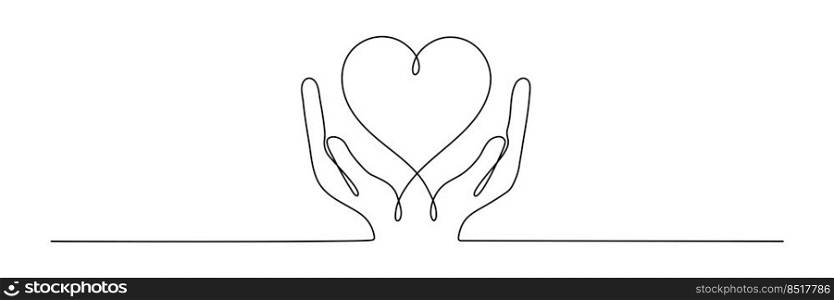 Hand holding heart continuous one line drawing. Vector isolated on white. 