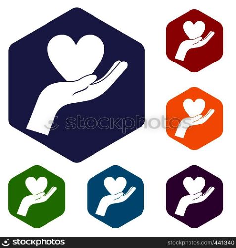 Hand holding heart icons set hexagon isolated vector illustration. Hand holding heart icons set hexagon