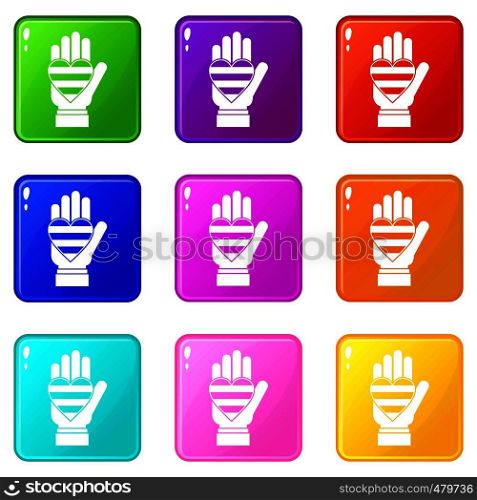 Hand holding heart of LGBT icons of 9 color set isolated vector illustration. Hand holding heart of LGBT set 9