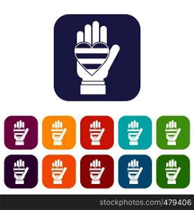 Hand holding heart of LGBT icons set vector illustration in flat style in colors red, blue, green, and other. Hand holding heart of LGBT icons set