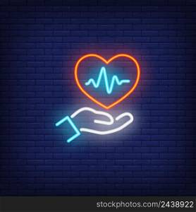 Hand holding heart with cardiogram neon sign. Medicine and healthcare concept. Advertisement design. Night bright neon sign, colorful billboard, light banner. Vector illustration in neon style.