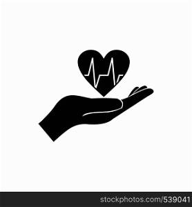 Hand holding heart with ecg line icon in simple style on a white background. Hand holding heart with ecg line icon