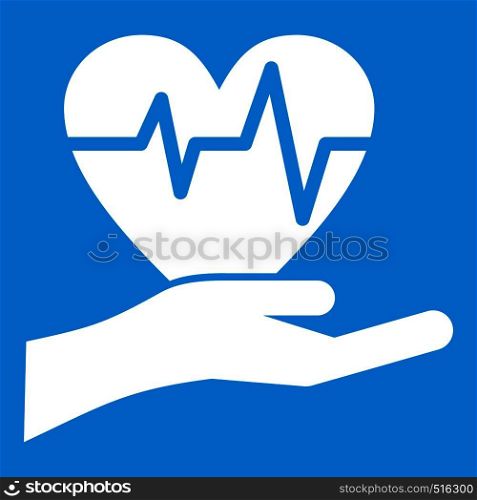 Hand holding heart with ecg line icon white isolated on blue background vector illustration. Hand holding heart with ecg line icon white