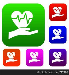 Hand holding heart with ecg line set icon in different colors isolated vector illustration. Premium collection. Hand holding heart with ecg line set collection