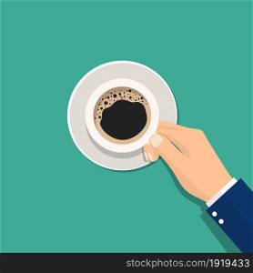 Hand holding hot coffee cup with steam on plate, business person want to drink coffee, break morning time banner concept. Vector illustration in flat style. Hand holding hot coffee cup