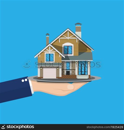 hand holding house. Buying or selling a house, real estate. vector illustration in flat style. hand holding house