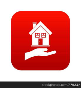 Hand holding house icon digital red for any design isolated on white vector illustration. Hand holding house icon digital red