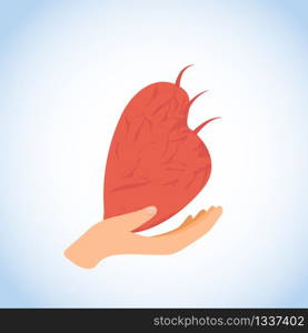 Hand Holding Human Live Heart Flat Vector Icon Isolated on White Background. Cardiology Medical Center or Hospital Logotype, Blood Donation, Organ Transplantation, Saving Life Charity Symbol