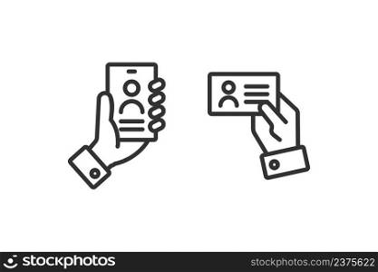 Hand holding id card icon. Hand shows indification card illustration symbol. Sign show document persons vector desing.