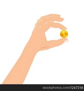 Hand holding in his hand gold coin. Business success, profit, finance, making money concept. Hand holding in his hand gold coin. Business success, profit, finance, making money concept. Cartoon style design cartoon vector illustration on white background