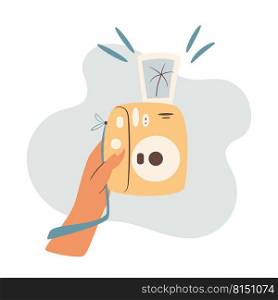 Hand holding instant camera with a photo. Summer days concept illustration 