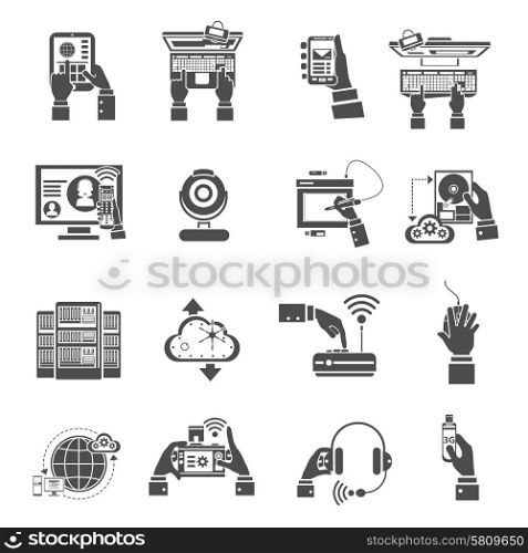 Hand holding it devices icons black set isolated vector illustration. It Devices Icons Black