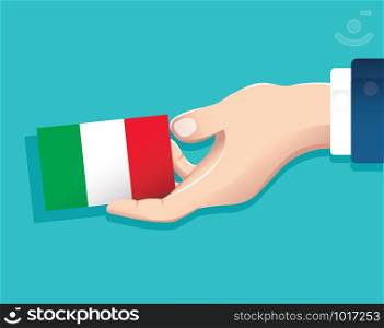 hand holding Italy flag card with blue background. vector illustration eps10