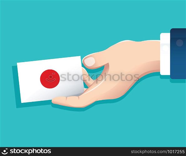 hand holding Japan flag card with blue background. vector illustration eps10