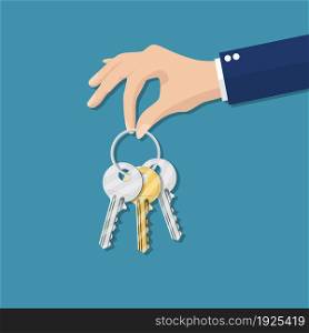 Hand holding keys. concept of rental service, gift, access. vector illustration in flat design. Hand holding keys