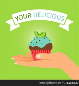 Hand holding kiwi cupcake gift with sign, vector illustration. Hand holding kiwi cupcake gift