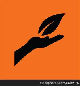 Hand holding leaf icon. Orange background with black. Vector illustration.