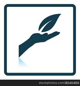 Hand holding leaf icon. Shadow reflection design. Vector illustration.
