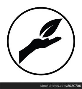Hand holding leaf icon. Thin circle design. Vector illustration.