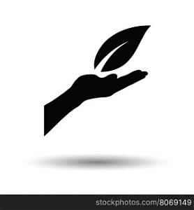Hand holding leaf icon. White background with shadow design. Vector illustration.