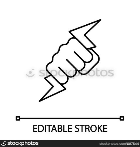 Hand holding lightning bolt linear icon. Power fist. Thin line illustration. Electric energy. Zeus hand. Contour symbol. Vector isolated outline drawing. Editable stroke. Hand holding lightning bolt linear icon