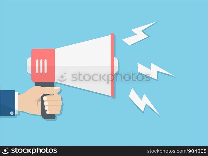 hand holding loudspeaker megaphone sound promotion, announcement concept, stock vector illustration