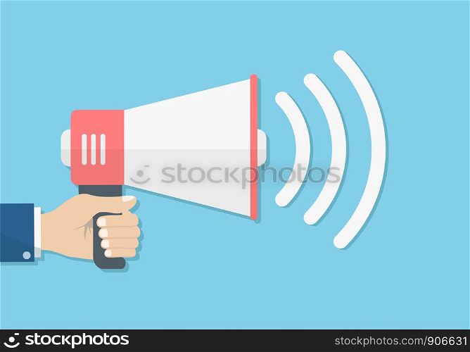 hand holding loudspeaker megaphone sound promotion, announcement concept, stock vector illustration