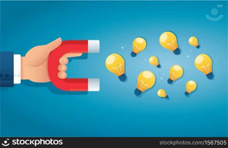 hand holding magnet attracting light bulb creative concept. vector illustration