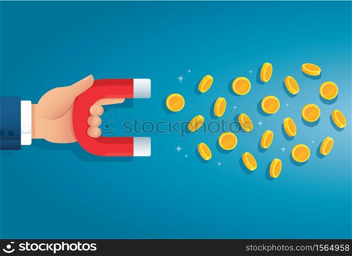 hand holding magnet. attracting money concept. vector illustration