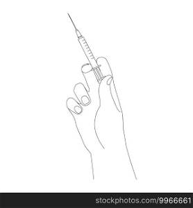 Hand holding medical syringe with medication in line style vector illustration