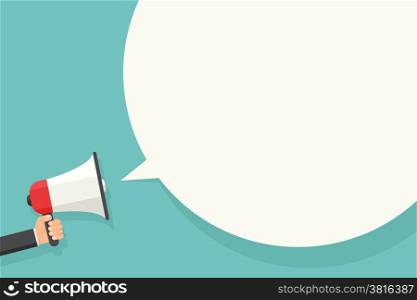 Hand holding megaphone with bubble speech