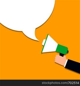 Hand holding megaphone with empty speech bubble in flat design. Speech bubble on yellow background. Eps10. Hand holding megaphone with empty speech bubble in flat design. Speech bubble on yellow background.