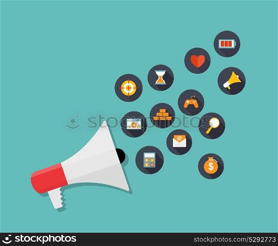 Hand holding Megaphone with Icon Set. Vector Illustration.. Hand holding Megaphone with Icon Set. Vector Illustration