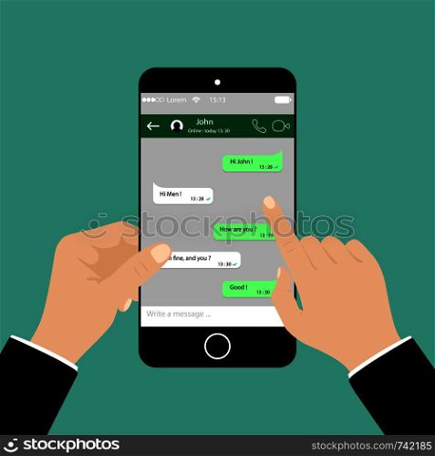 Hand holding mobil phone, Social network concept, Mobil phone, Messenger window