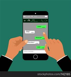 Hand holding mobil phone, Social network concept, Mobil phone, Messenger window