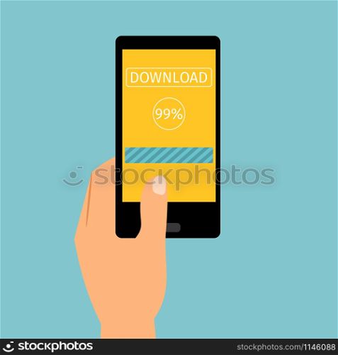 Hand holding mobile device with downloading application, vector illustration. Hand holding phone downloading application