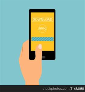 Hand holding mobile device with downloading application, vector illustration. Hand holding phone downloading application