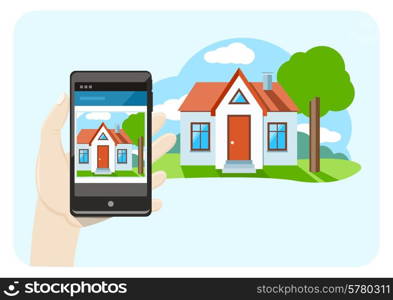 Hand holding mobile phone smartphone with house sale offer cartoon design style