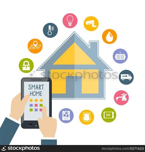 Hand holding mobile phone tablet controls smart home temperature water light security technology flat concept vector illustration