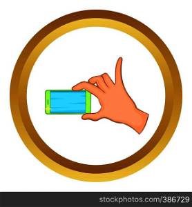 Hand holding mobile phone vector icon in golden circle, cartoon style isolated on white background. Hand holding mobile phone vector icon