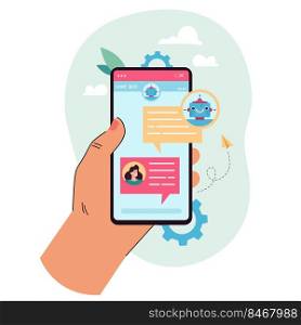 Hand holding mobile phone with chat bot on screen. Female character talking to online robot flat vector illustration. Technology, communication concept for banner, website design or landing web page