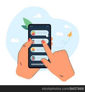 Hand holding mobile phone with chat messages on screen. Finger tapping telephone screen flat vector illustration. Texting with friends online. Smartphone, conversation concept 