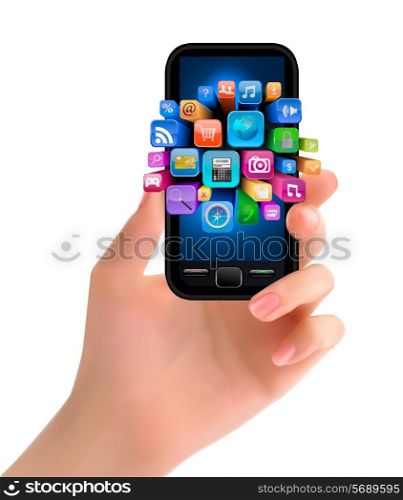 Hand holding mobile phone with icons. Vector