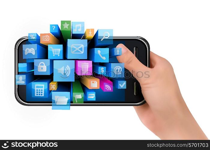 Hand holding mobile phone with icons Vector