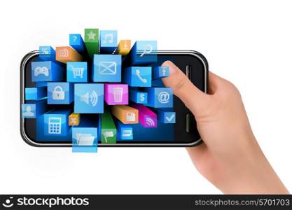 Hand holding mobile phone with icons Vector