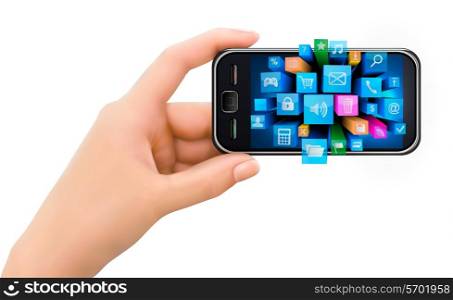 Hand holding mobile phone with icons. Vector