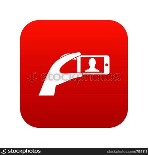 Hand holding mobile phone with photo icon digital red for any design isolated on white vector illustration. Hand holding mobile phone with photo icon digital red