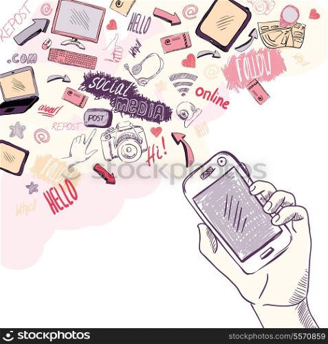 Hand holding mobile phone with social media cloud applications in text bubble isolated vector illustration