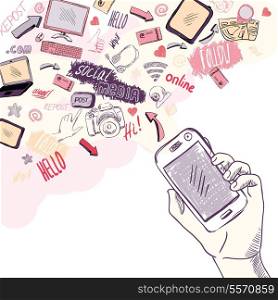 Hand holding mobile phone with social media cloud applications in text bubble isolated vector illustration