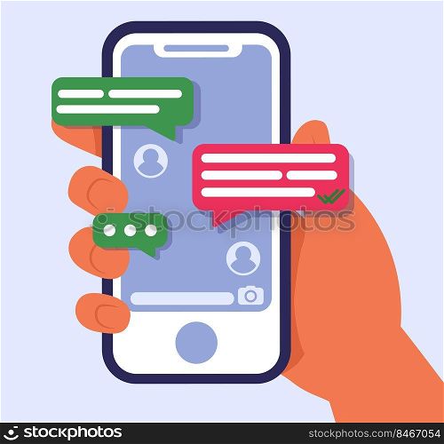 Hand holding mobile phone with text messages flat vector illustration. Smartphone screen with chat conversation. Modern telephone, communication concept